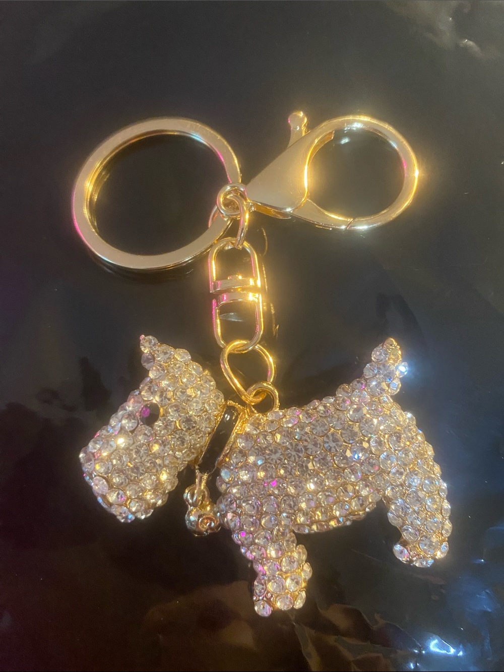 Crystal Dog Rhinestone Keychain or Bag Charm - Gold Tone Hardware